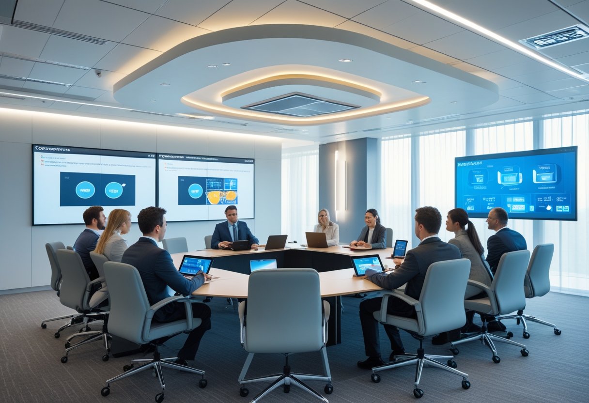 A modern meeting room with a large conference table, ergonomic chairs, multiple screens, and business professionals collaborating using technology.