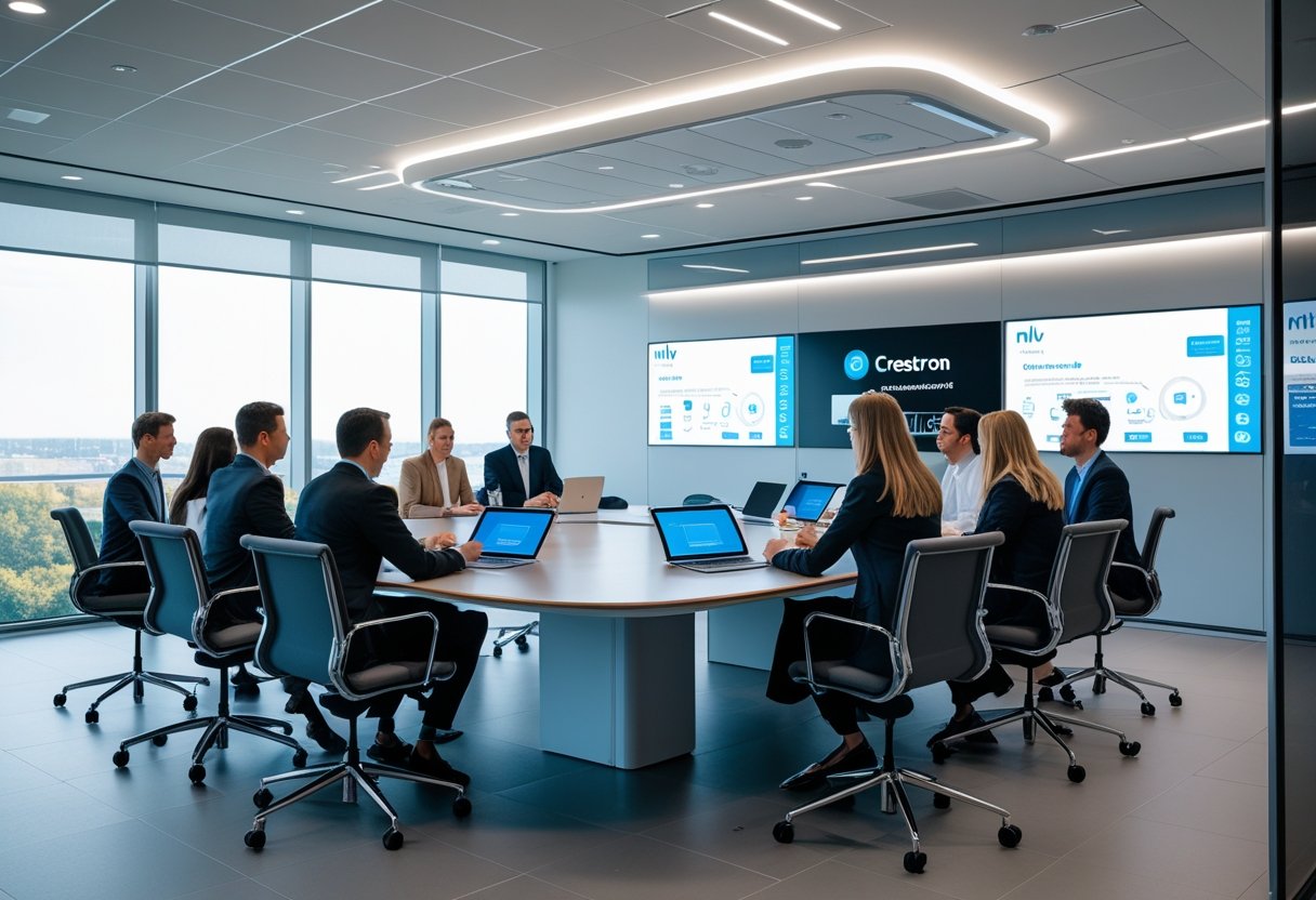 A group of professionals collaborating around a conference table in a modern meeting room equipped with advanced audiovisual technology.