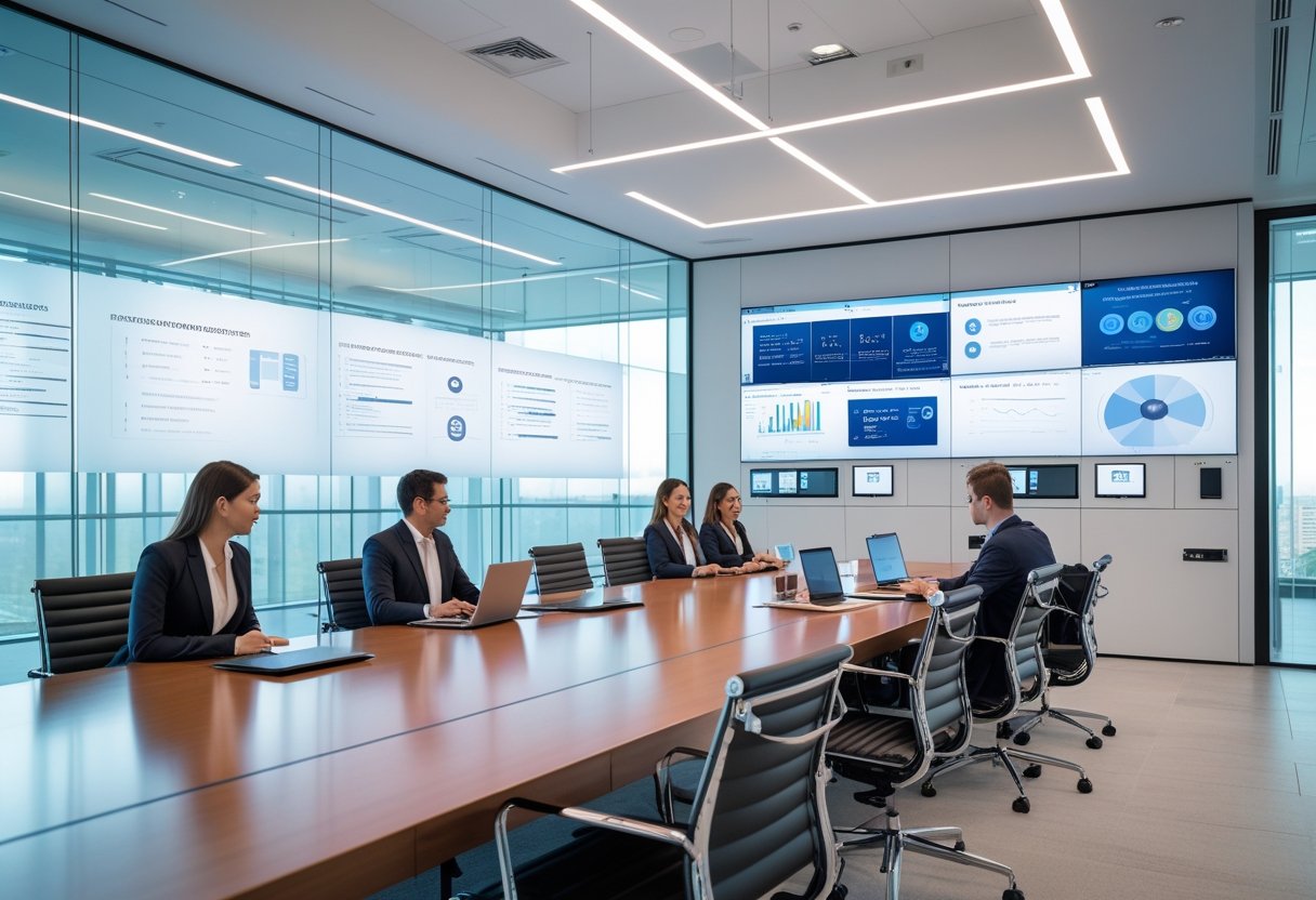 A modern corporate conference room with professionals using smart technology and large screens during a meeting.