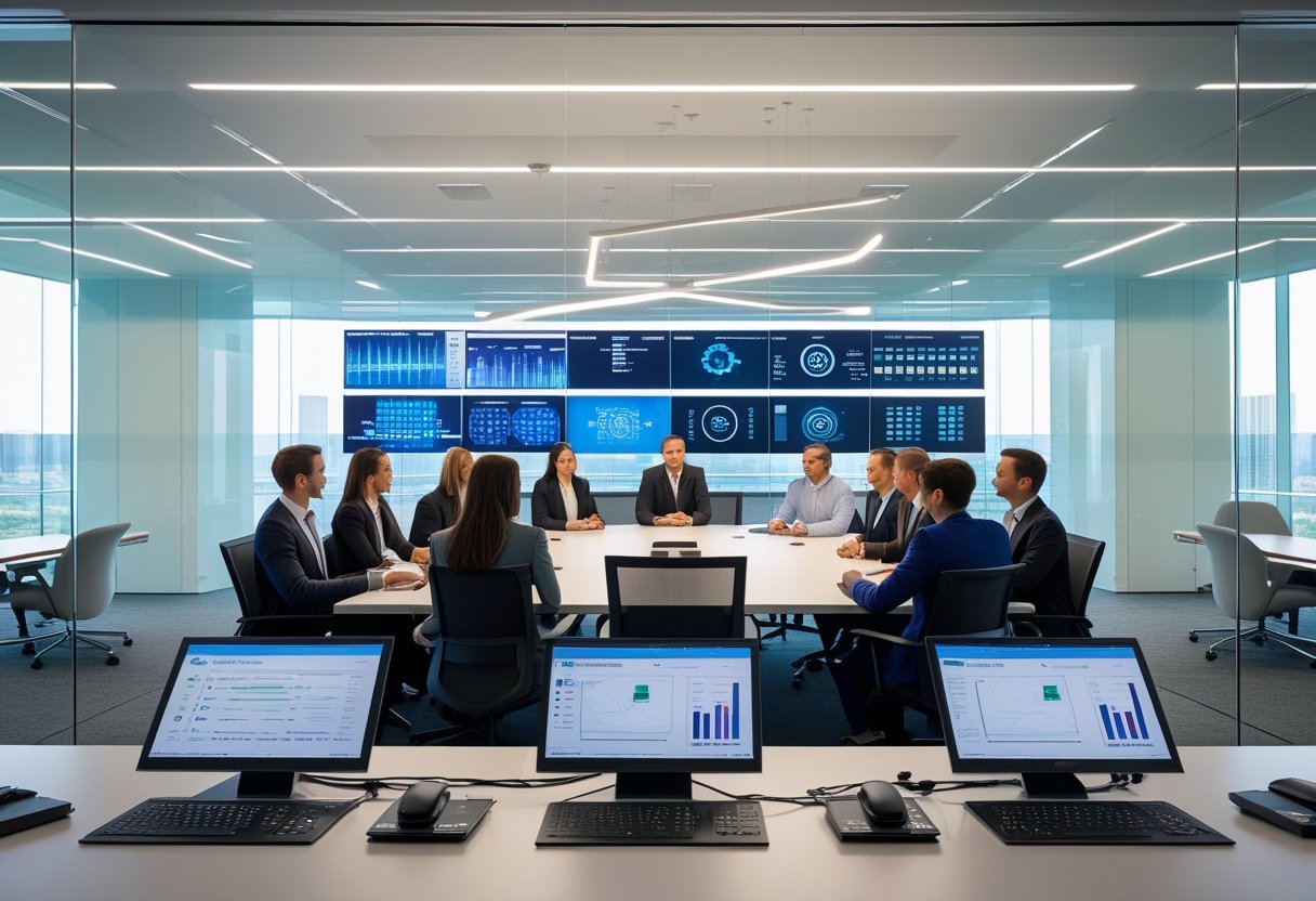 A modern corporate office with professionals collaborating around a conference table equipped with advanced technology and multiple screens.