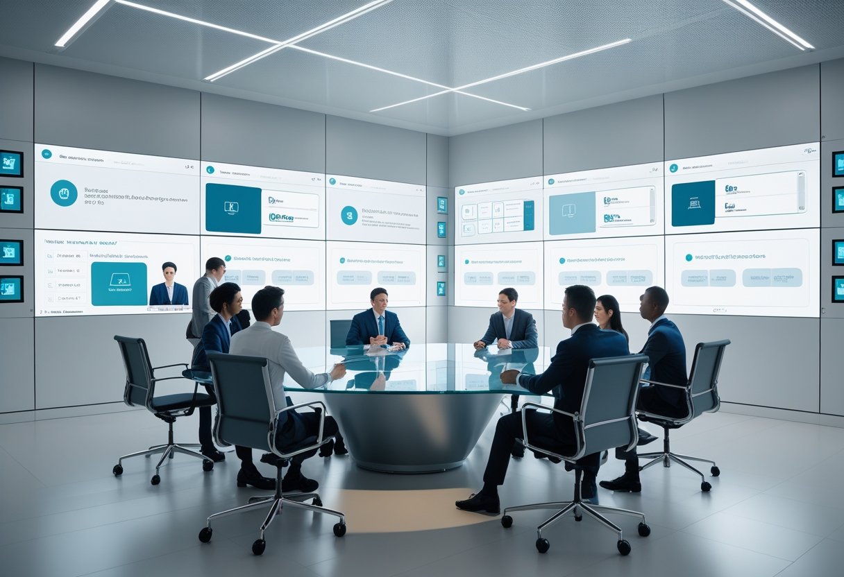 A modern corporate conference room with professionals using advanced collaboration technology during a meeting.