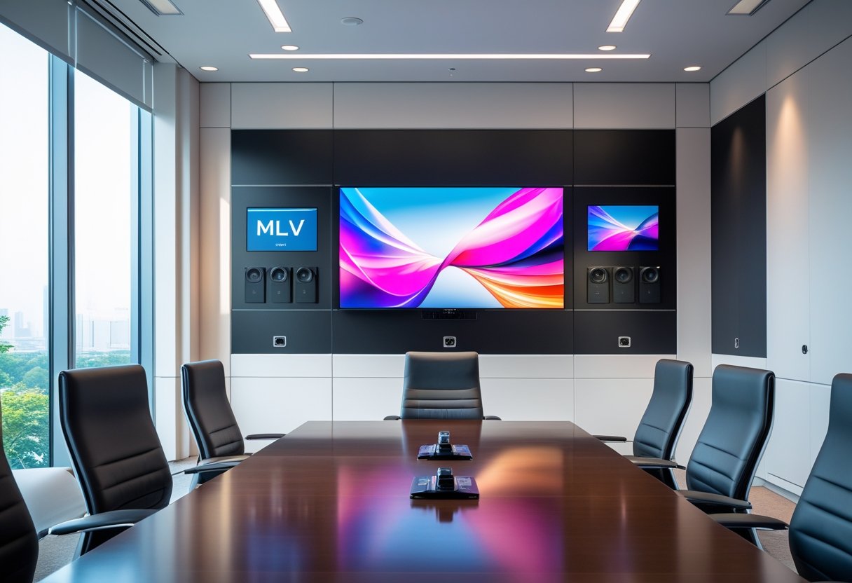 A modern corporate conference room with a large high-definition display screen, ergonomic chairs, and integrated audiovisual equipment.