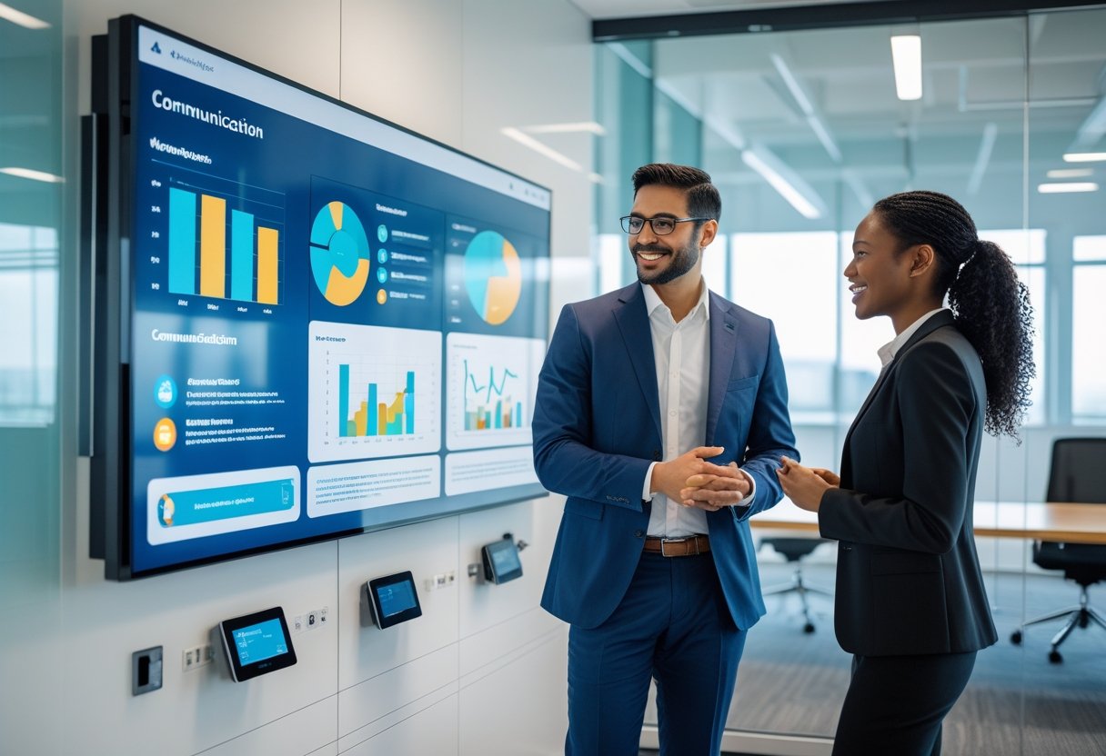 Two business professionals discussing in a modern office with a large digital touchscreen display showing graphs and communication tools.