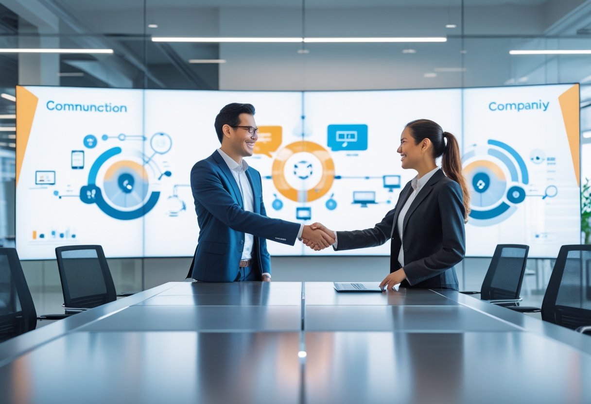 Two business professionals shaking hands in a modern office with digital screens and glass walls in the background.