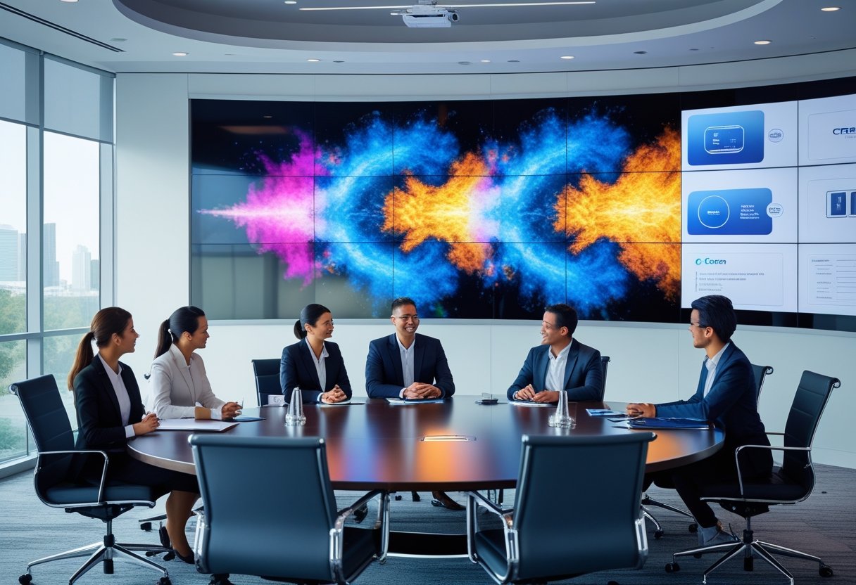 Professionals in a modern conference room using advanced audiovisual equipment for a corporate meeting.