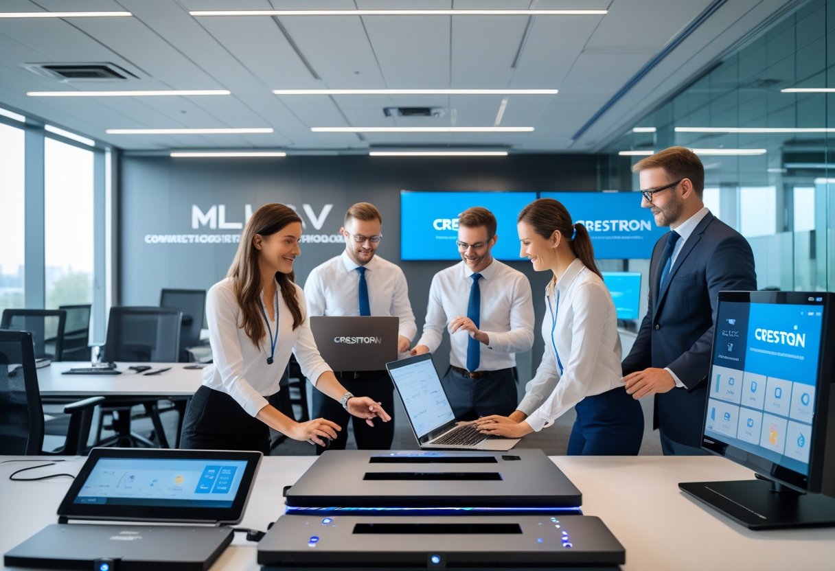 Two IT professionals collaborating in a modern office with advanced audiovisual equipment and digital displays, working on system integration and support.