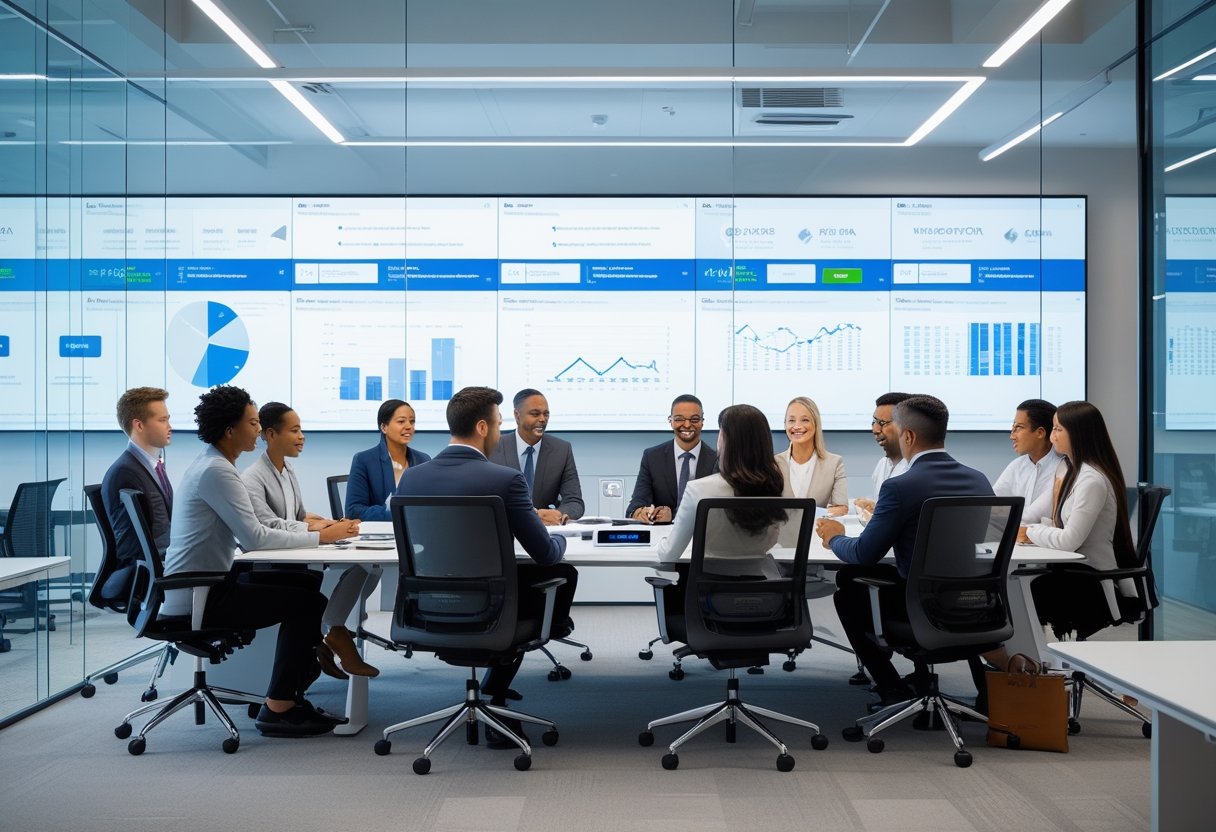 A group of business professionals collaborating around a conference table in a modern office equipped with smart technology and digital screens.