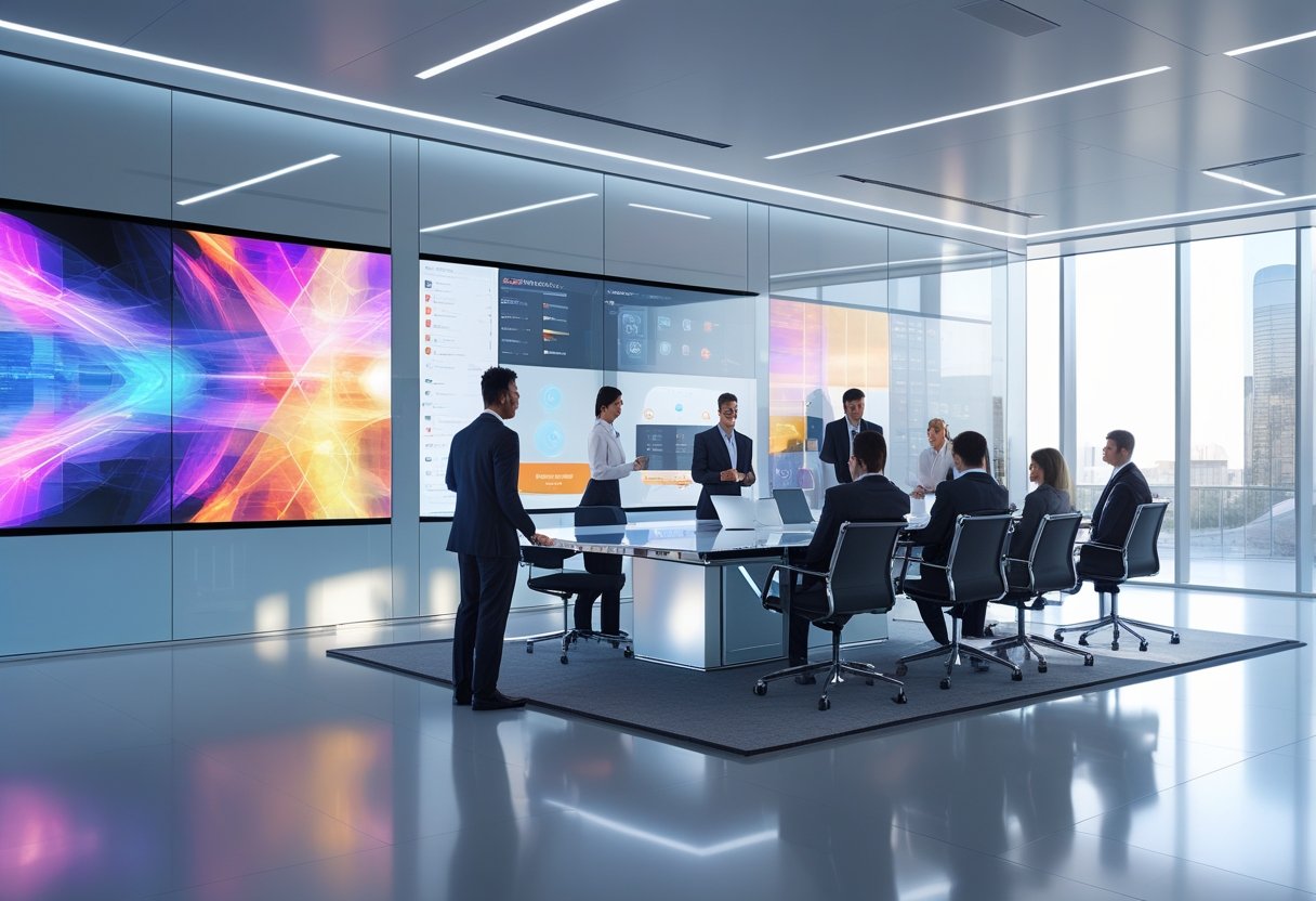 A modern office with professionals collaborating around a conference table surrounded by large digital displays and advanced control panels.