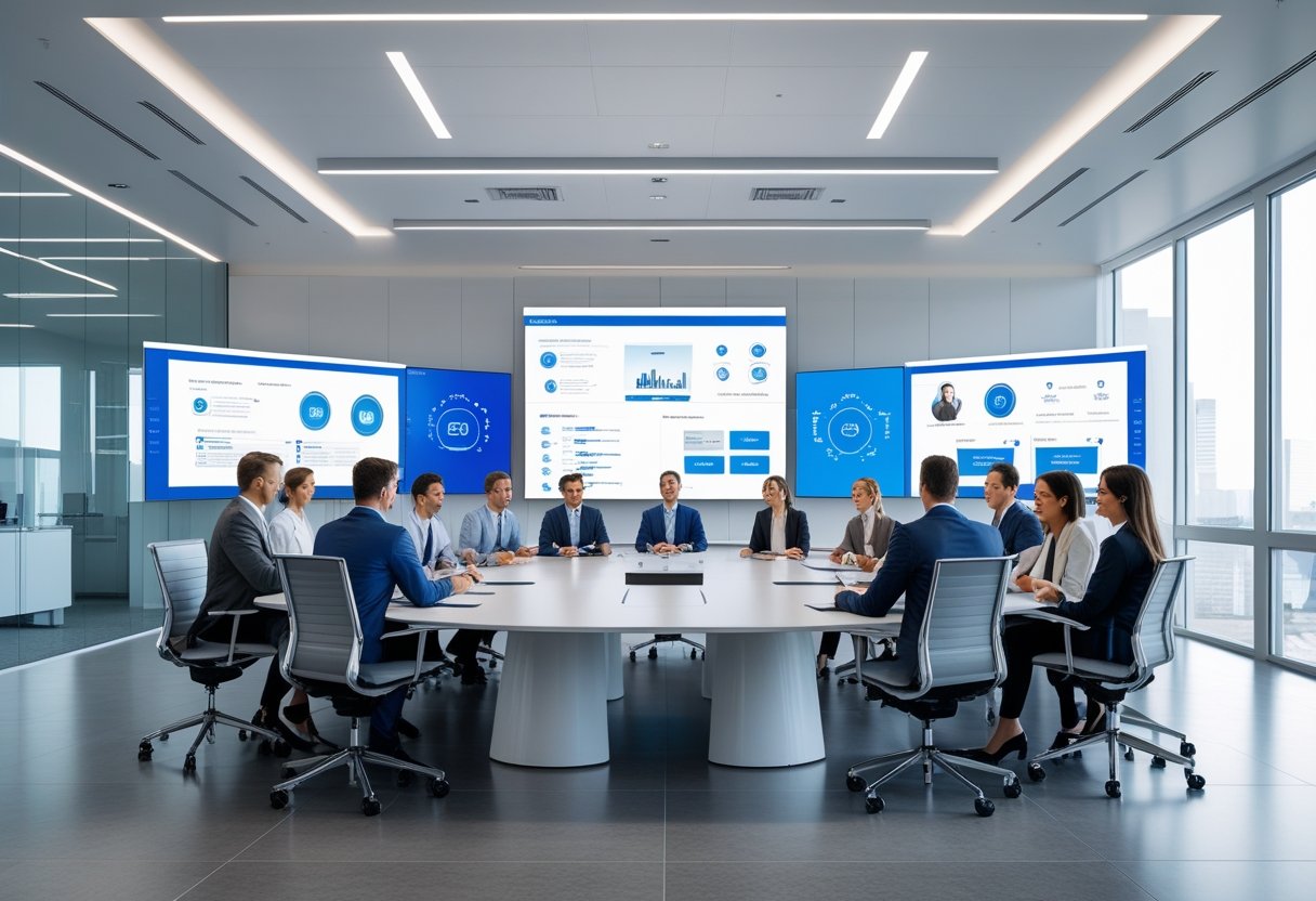 A diverse team collaborating around a conference table in a modern office equipped with advanced technology and large screens.