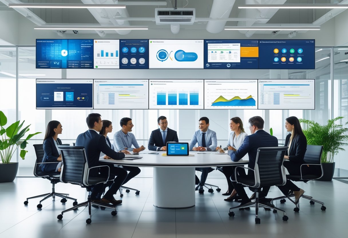 A group of professionals collaborating in a modern office with multiple screens and smart devices around a conference table.
