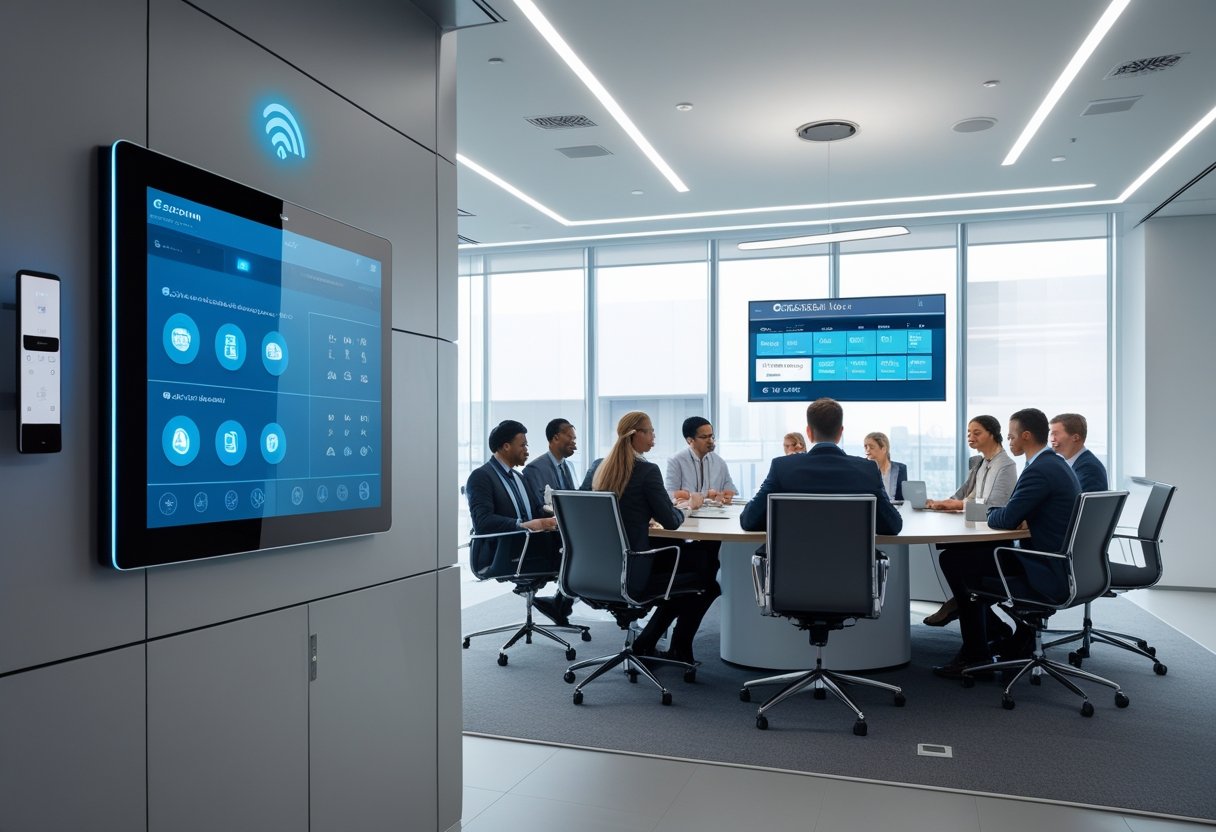 A modern office conference room with business professionals using touchscreen controls and smart devices in a collaborative meeting.
