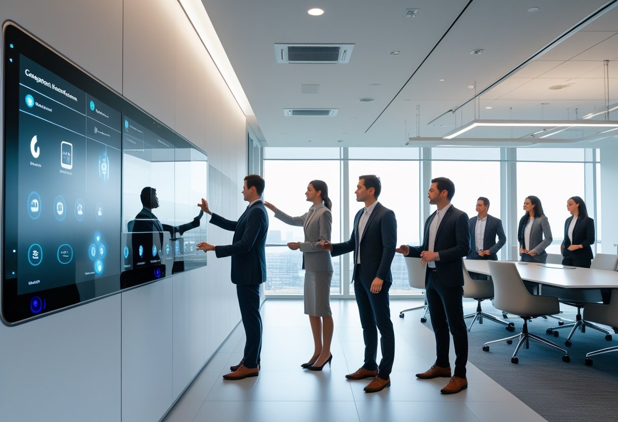 A group of professionals in a modern conference room using a touchscreen control panel to manage lighting and audio-visual equipment.