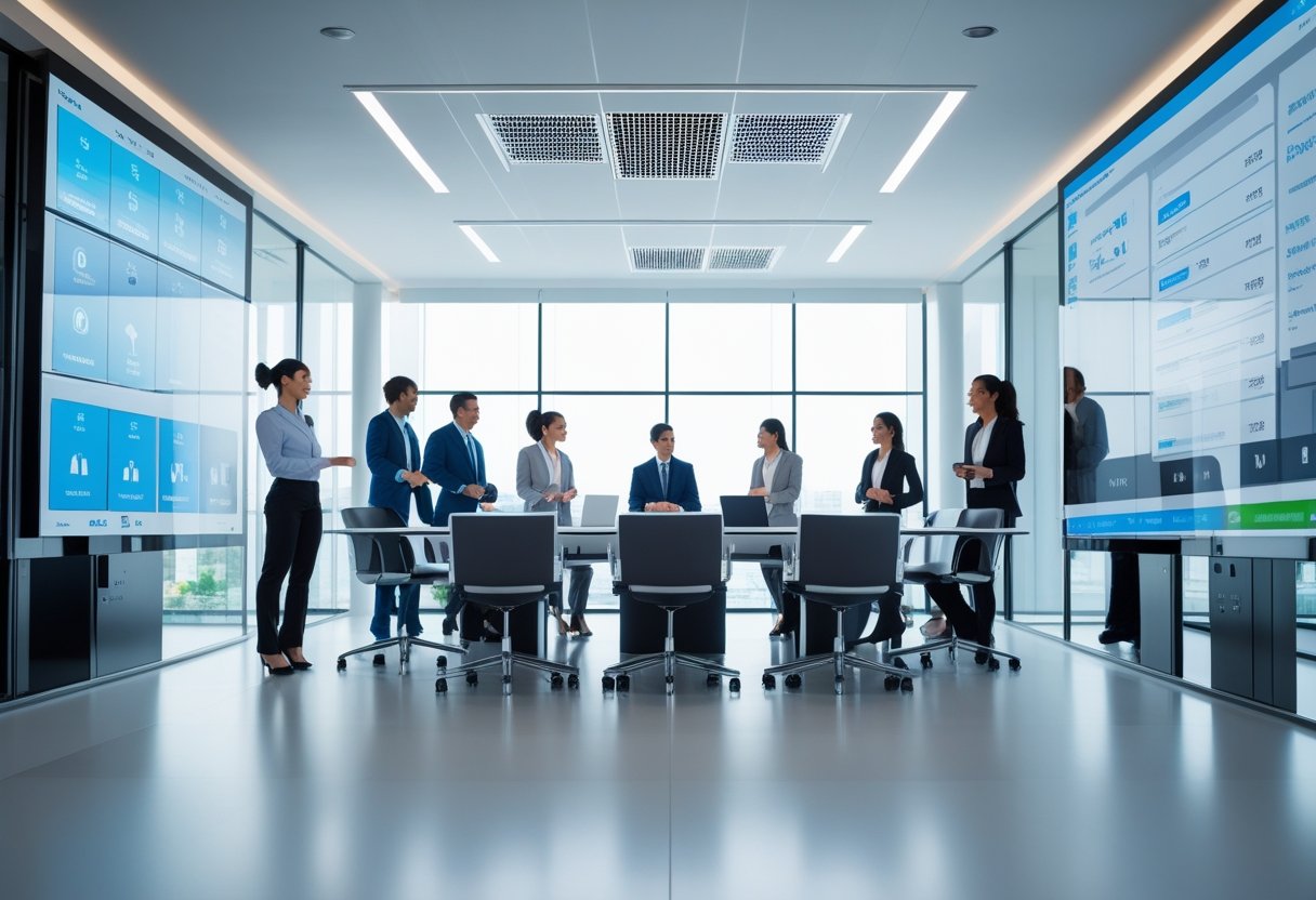 A group of business professionals collaborating in a modern office conference room with advanced technology and large interactive displays.