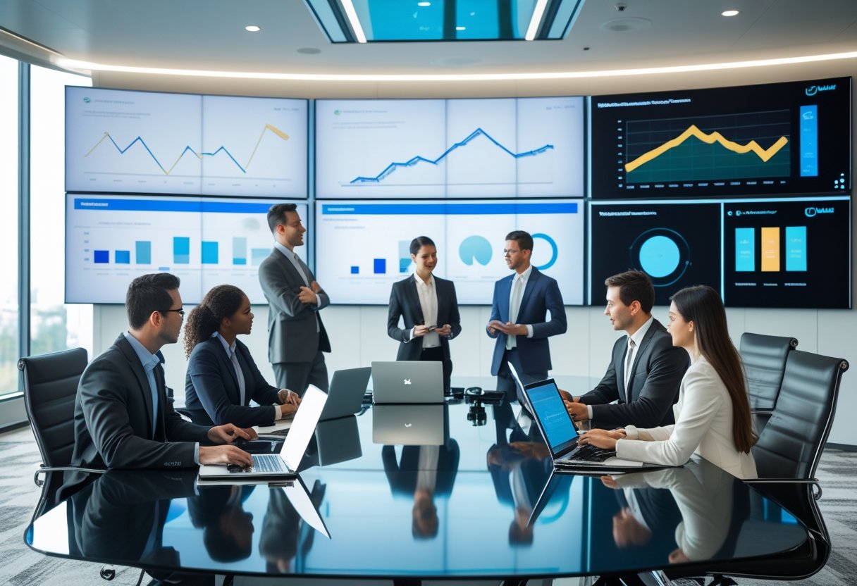 A modern conference room with professionals collaborating around a table using advanced audiovisual technology and large screens.