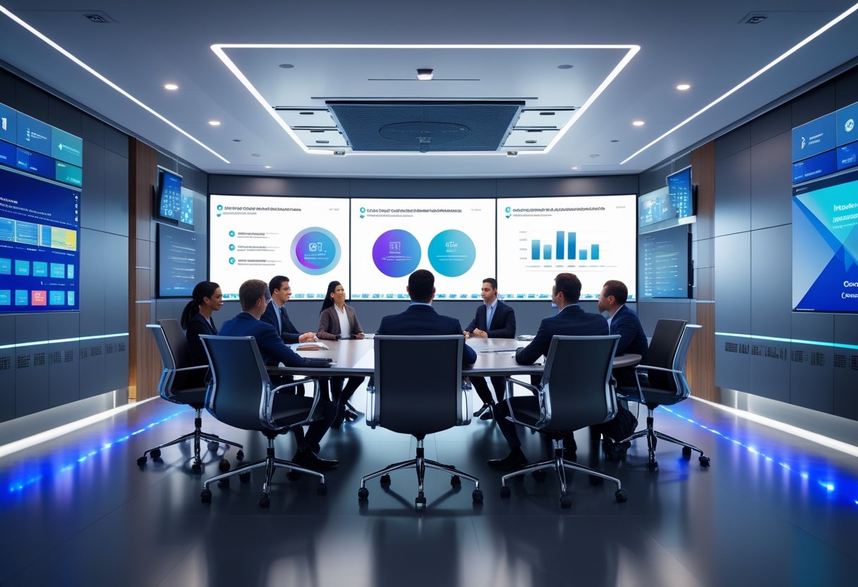 A modern corporate conference room with high-definition screens, advanced audiovisual equipment, and business professionals collaborating around a table.