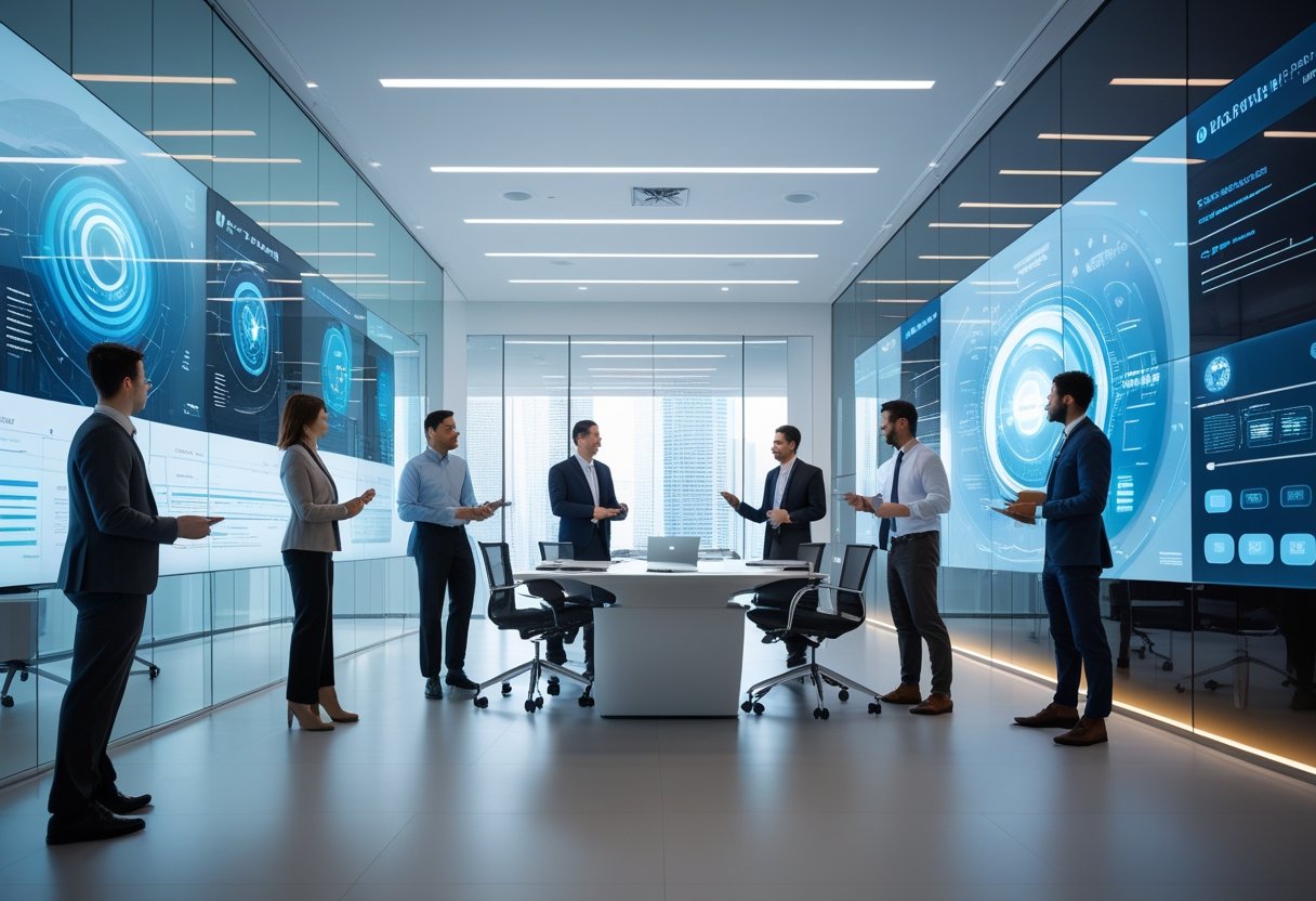 A group of professionals collaborating in a modern conference room equipped with multiple large digital screens and advanced audiovisual technology.