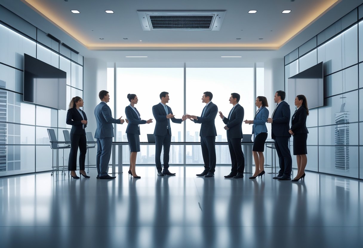 A group of business professionals collaborating in a modern conference room equipped with large digital displays and advanced audiovisual technology.