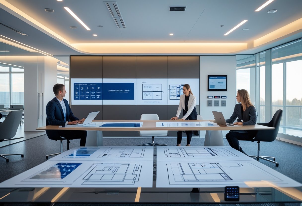 A modern office with designers collaborating around a table, using digital tablets and smart control panels integrated into the space.