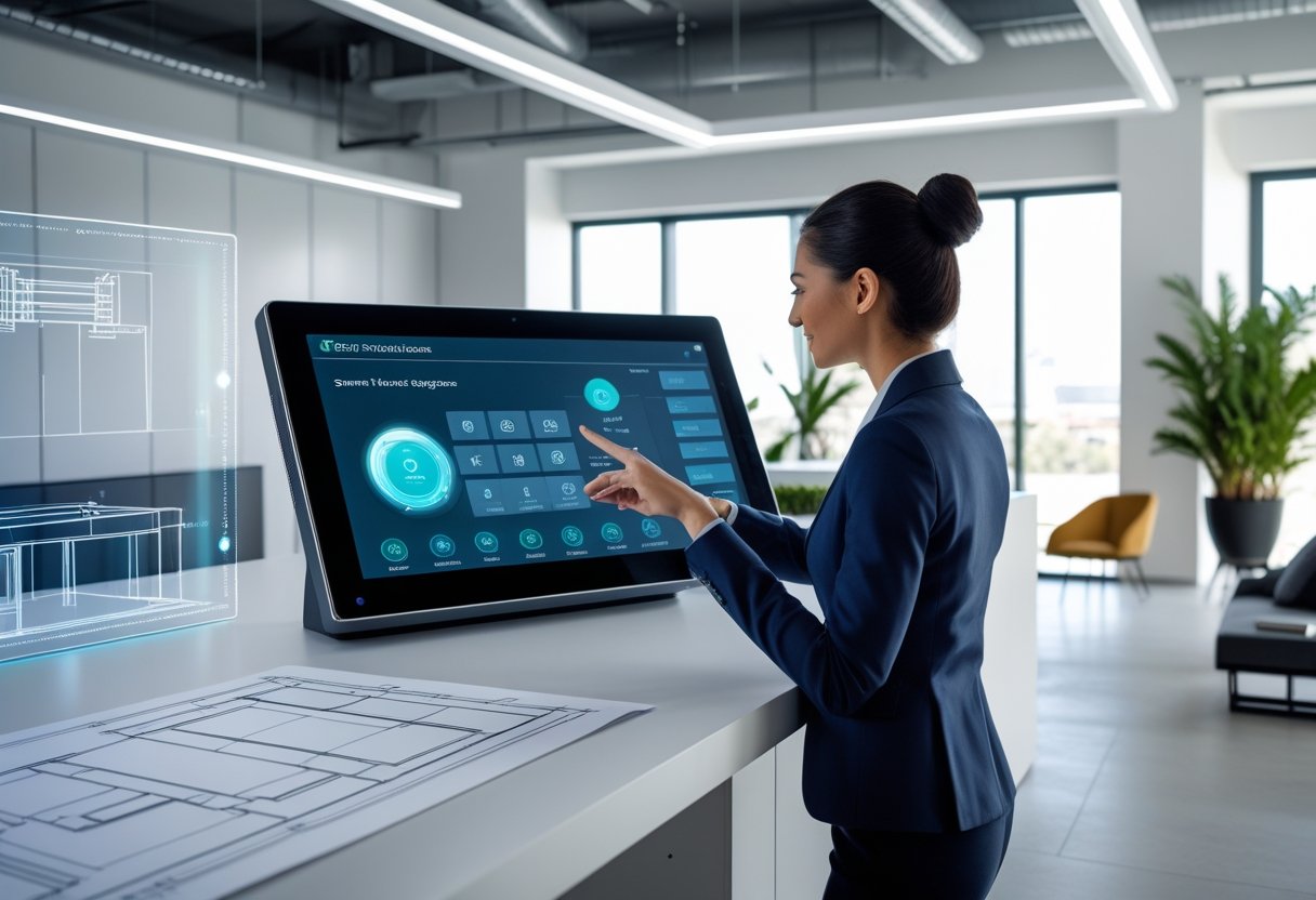 An interior designer working with a touchscreen control panel in a modern office surrounded by design tools and digital displays.