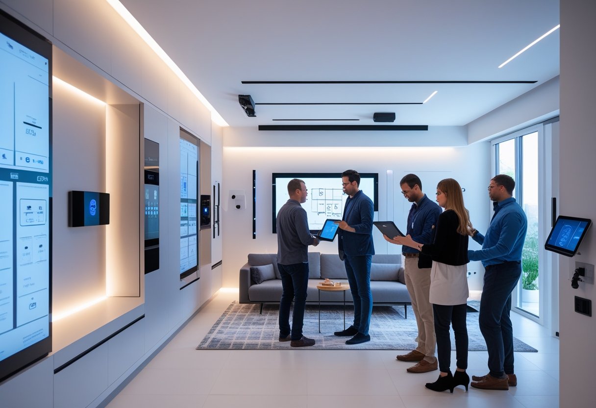 A modern interior with integrated audiovisual control panels and smart devices, where a team of professionals collaborates using tablets.