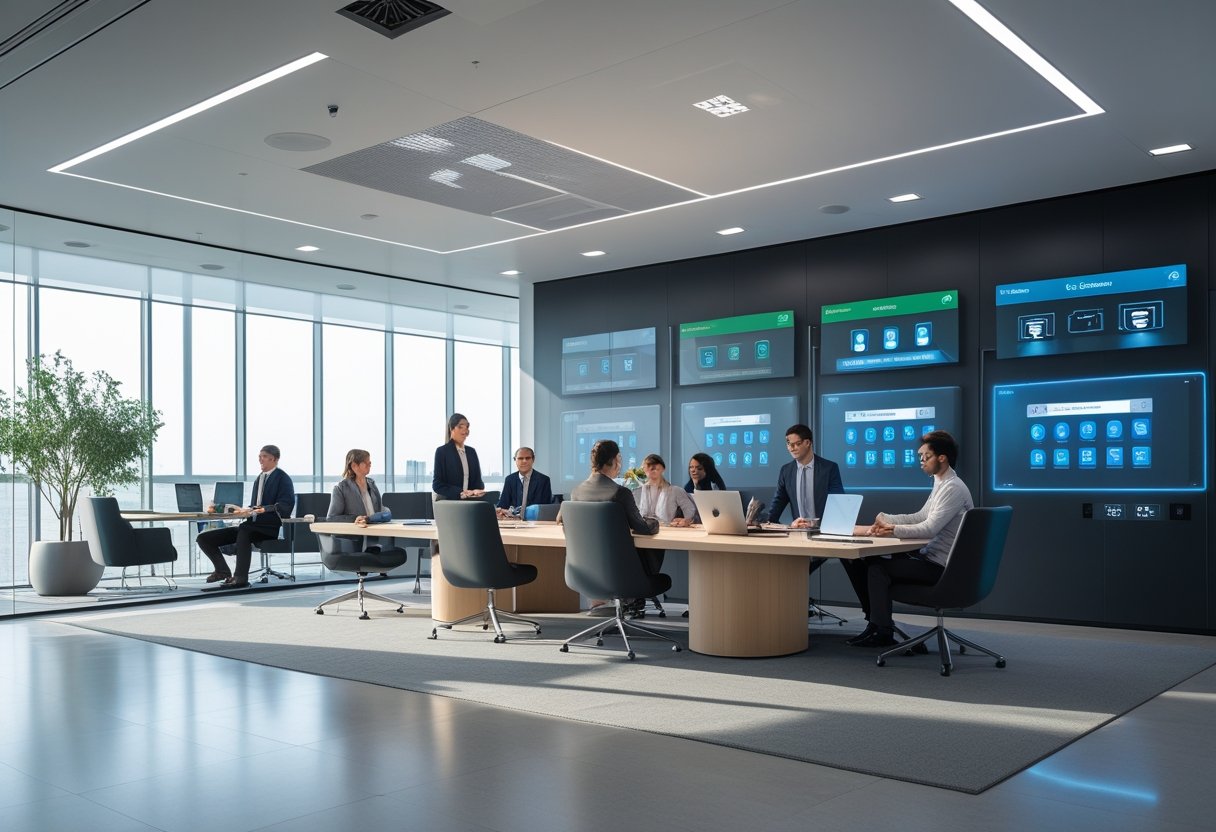 A modern office conference room with glass walls, ergonomic furniture, and professionals using advanced smart technology devices.