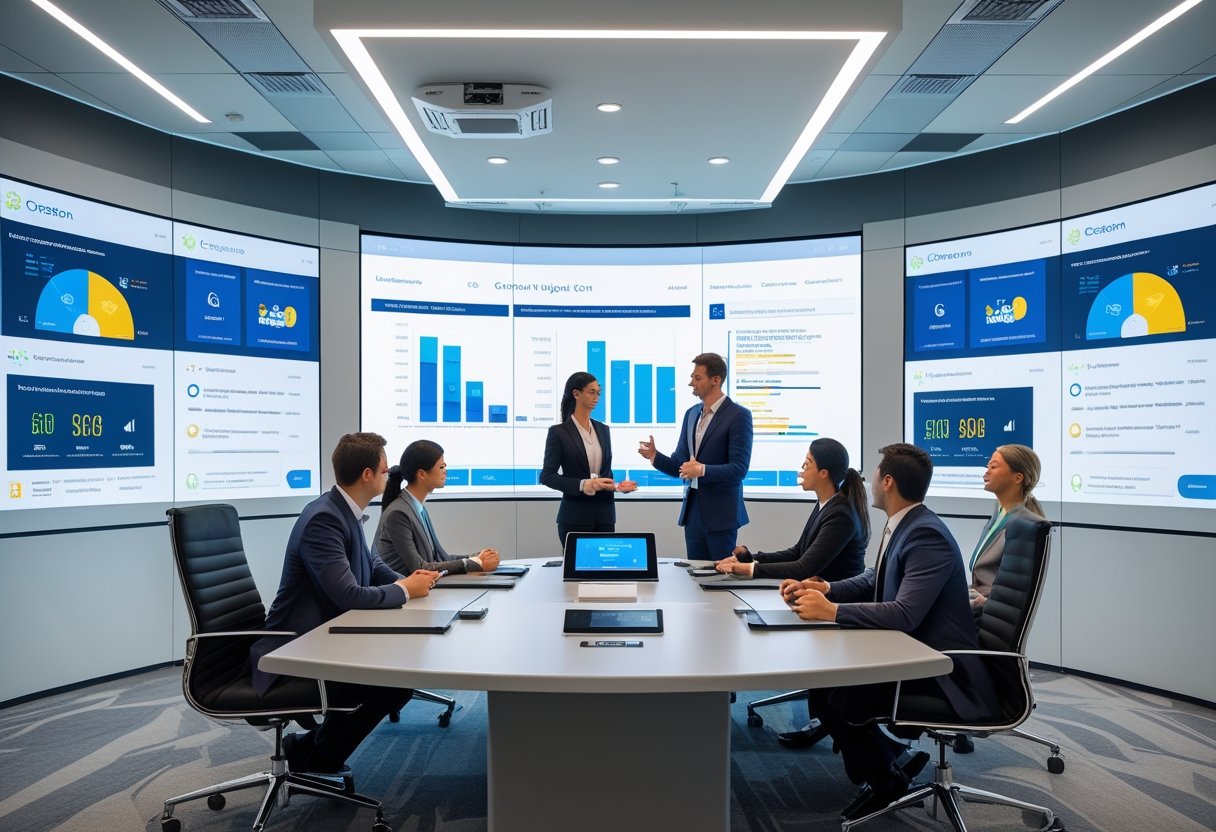 A modern corporate conference room with business professionals using advanced technology during a meeting.