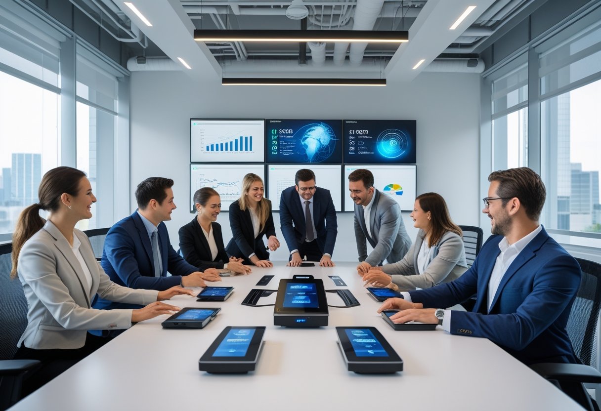 A group of employees collaborating around a conference table with multiple screens and AV control panels in a modern office.