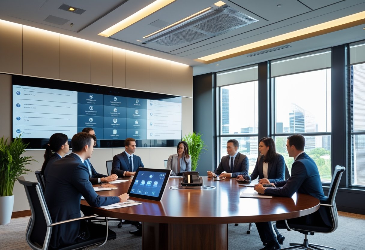 A modern corporate conference room with business professionals using advanced technology for a meeting.