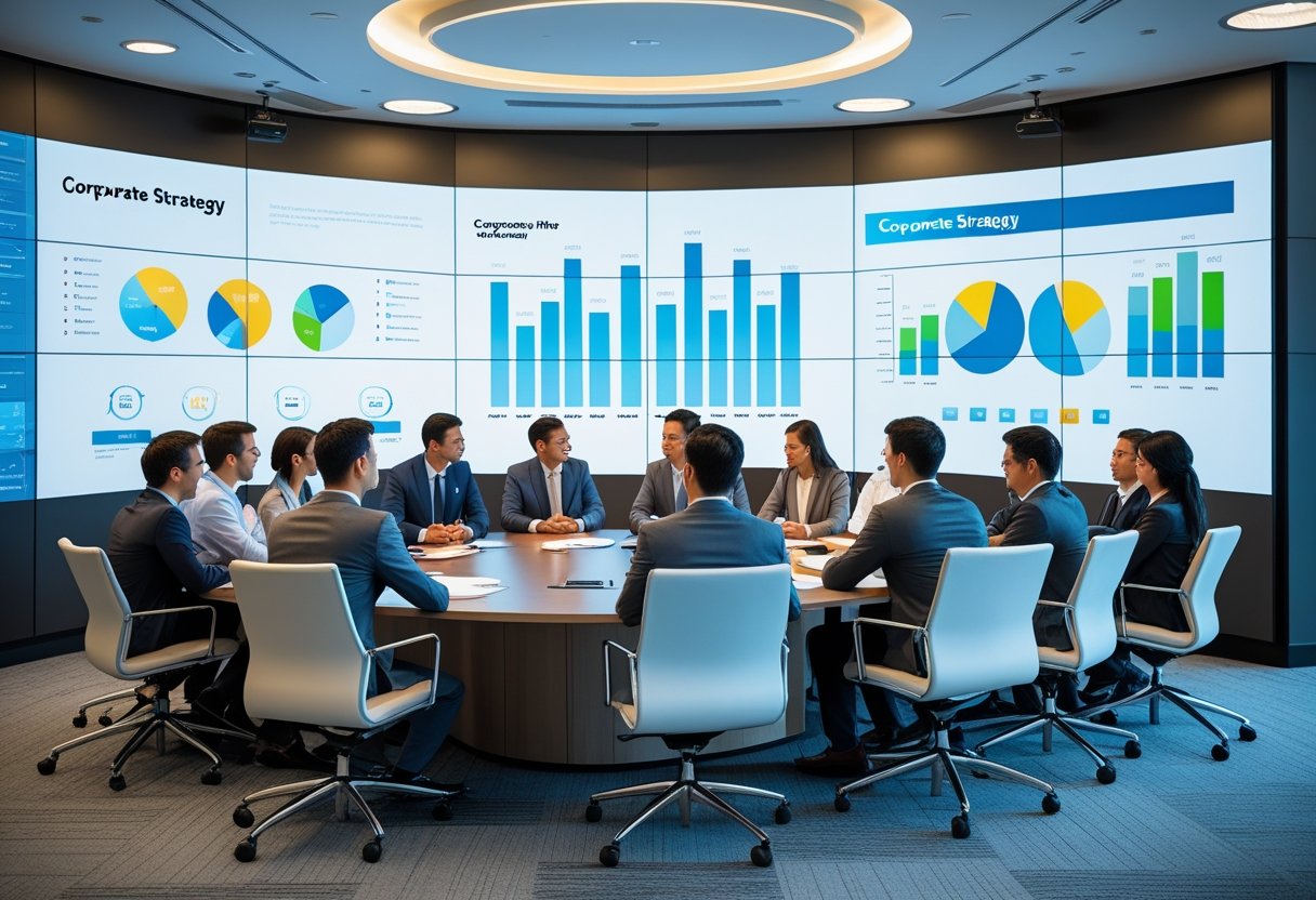 A group of business professionals in a modern meeting room using advanced audio-visual equipment during a strategic discussion.