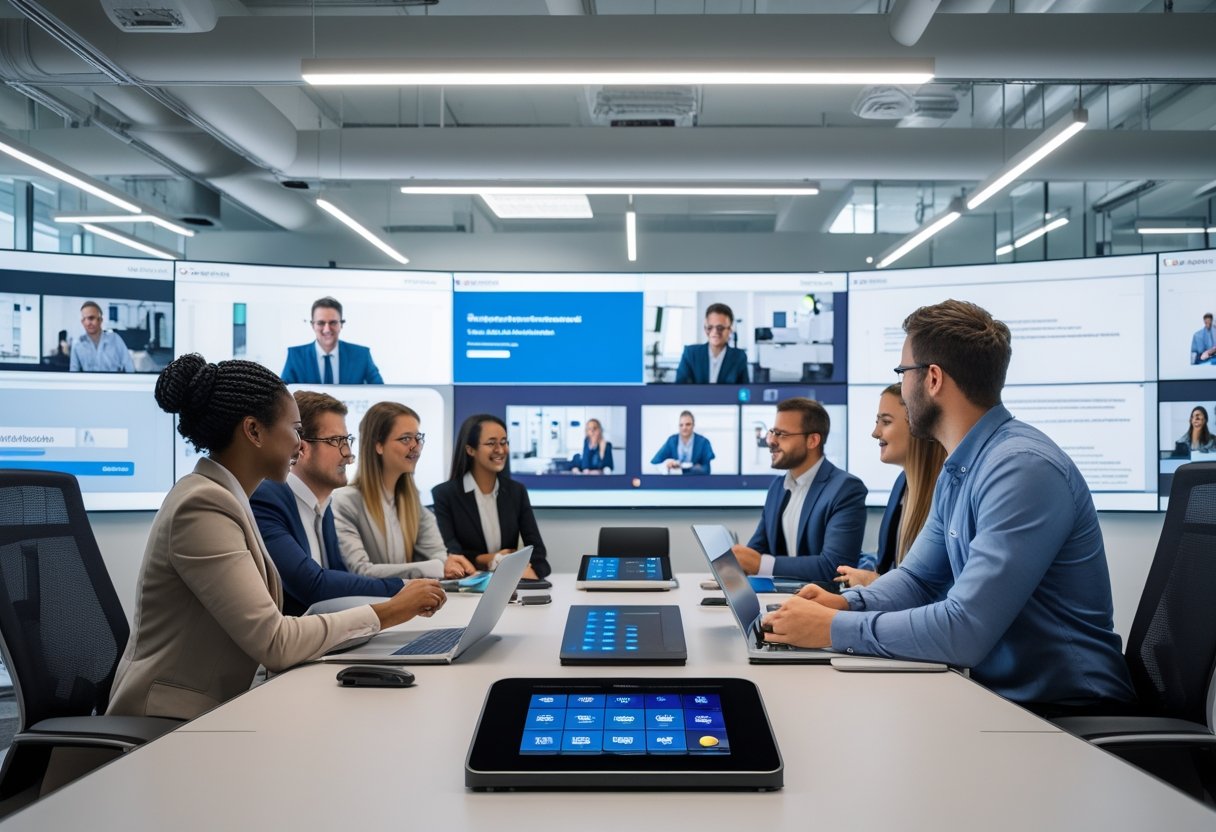 Employees collaborating in a modern office using advanced audiovisual technology with multiple screens and a Crestron control panel.