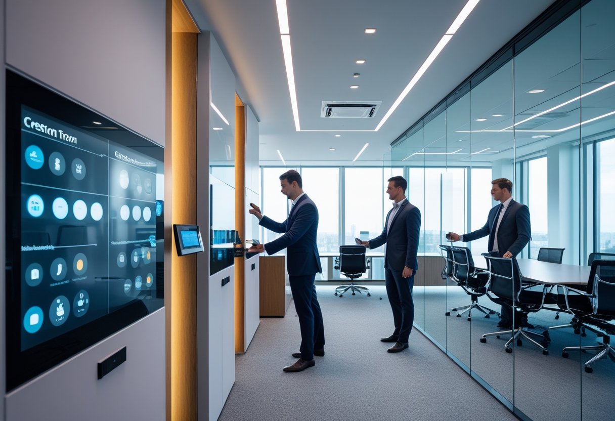 A modern corporate office with business professionals using advanced touchscreen control panels in a conference room.