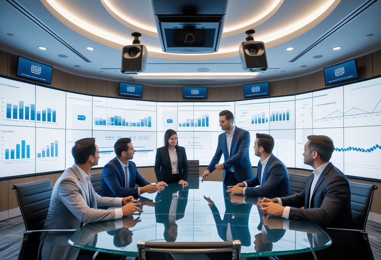 Business professionals in a conference room using high-quality audiovisual equipment during a meeting.