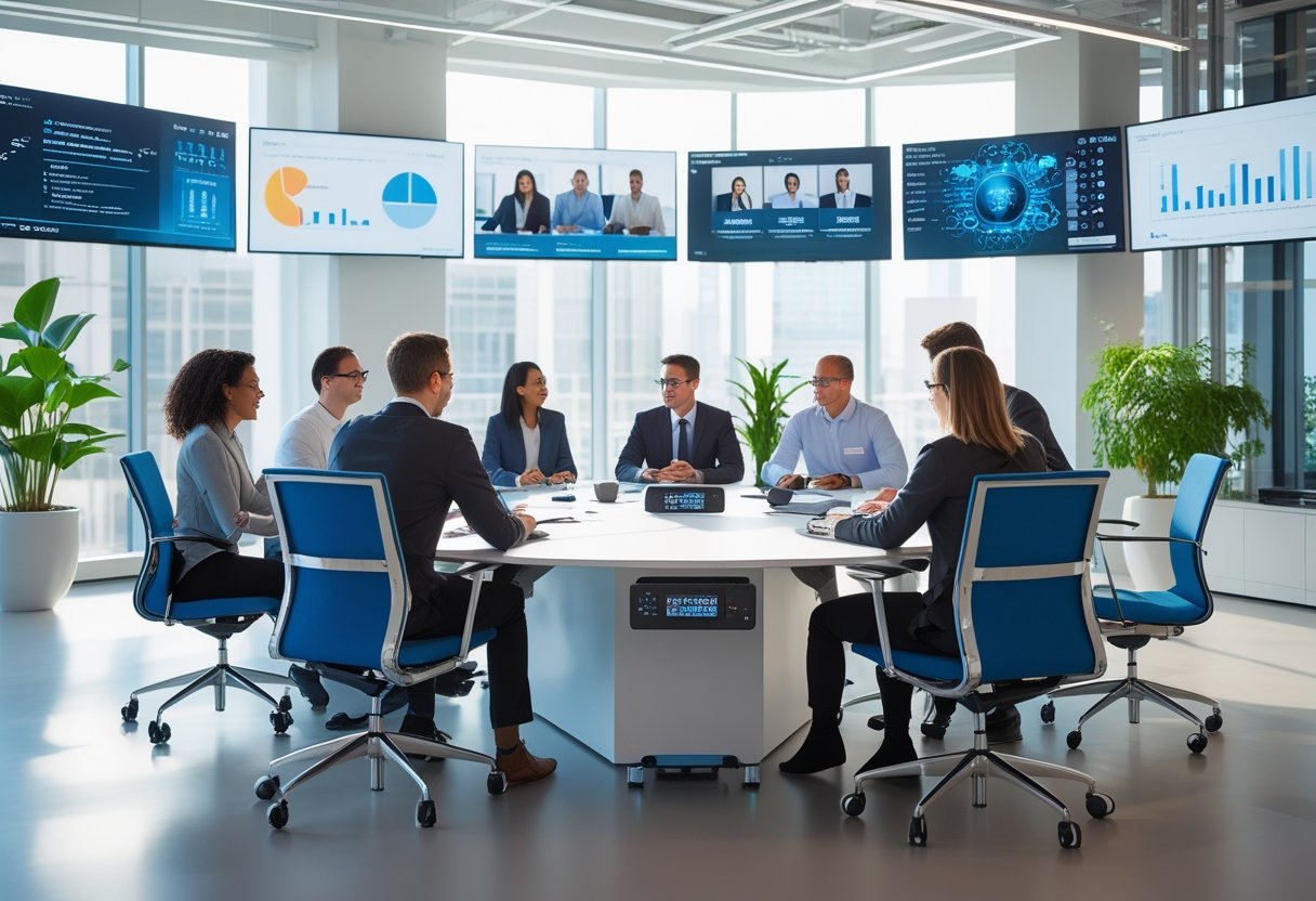 A diverse group of professionals collaborating around a conference table in a modern office with large digital displays and advanced technology devices.