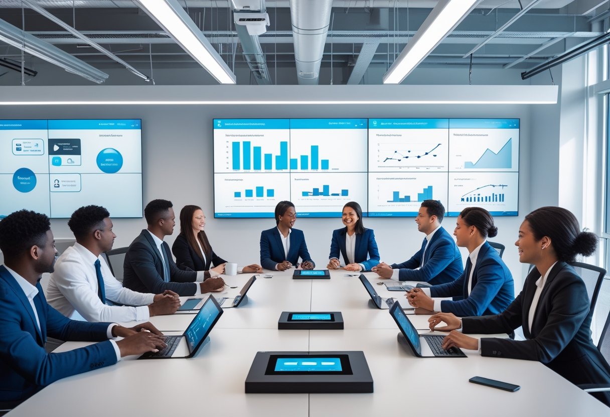 A group of employees collaborating in a modern office with large screens and AV technology, working together around a conference table.