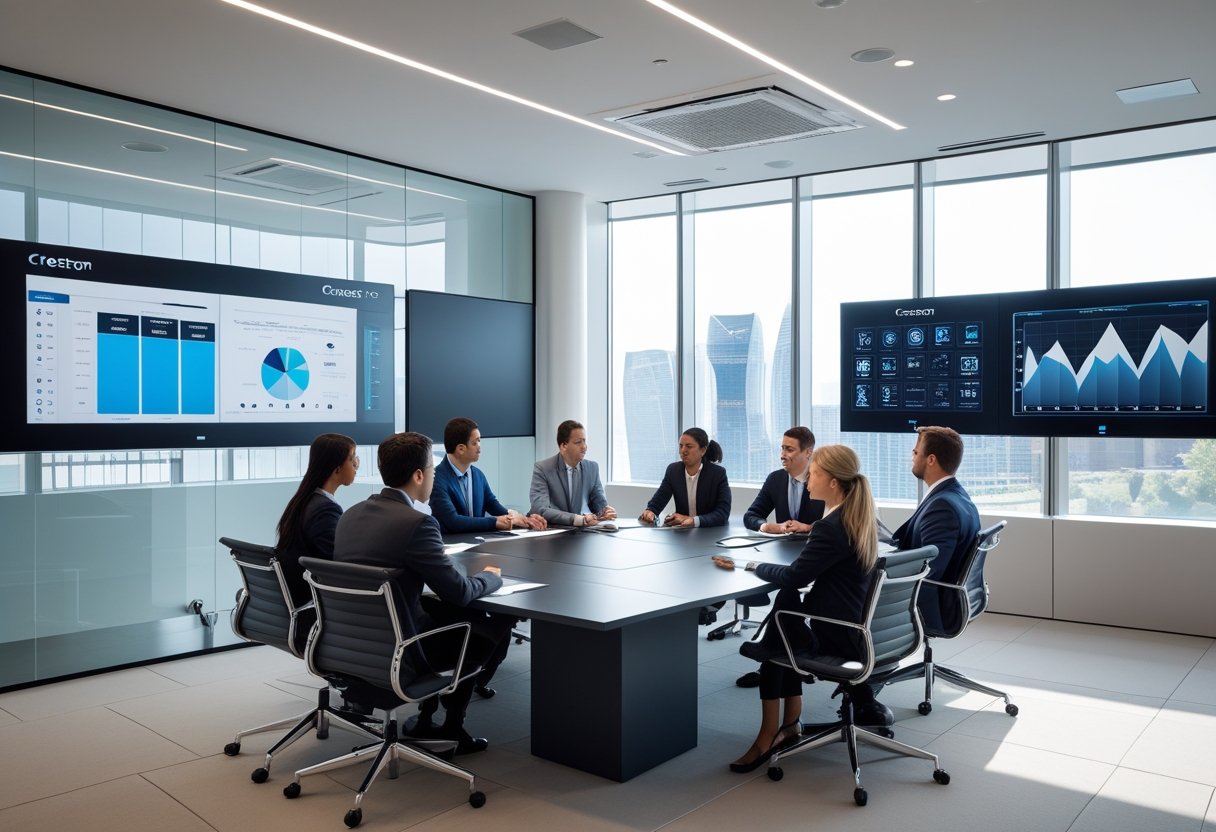 A group of business professionals collaborating in a modern conference room with advanced technology devices integrated into the space.