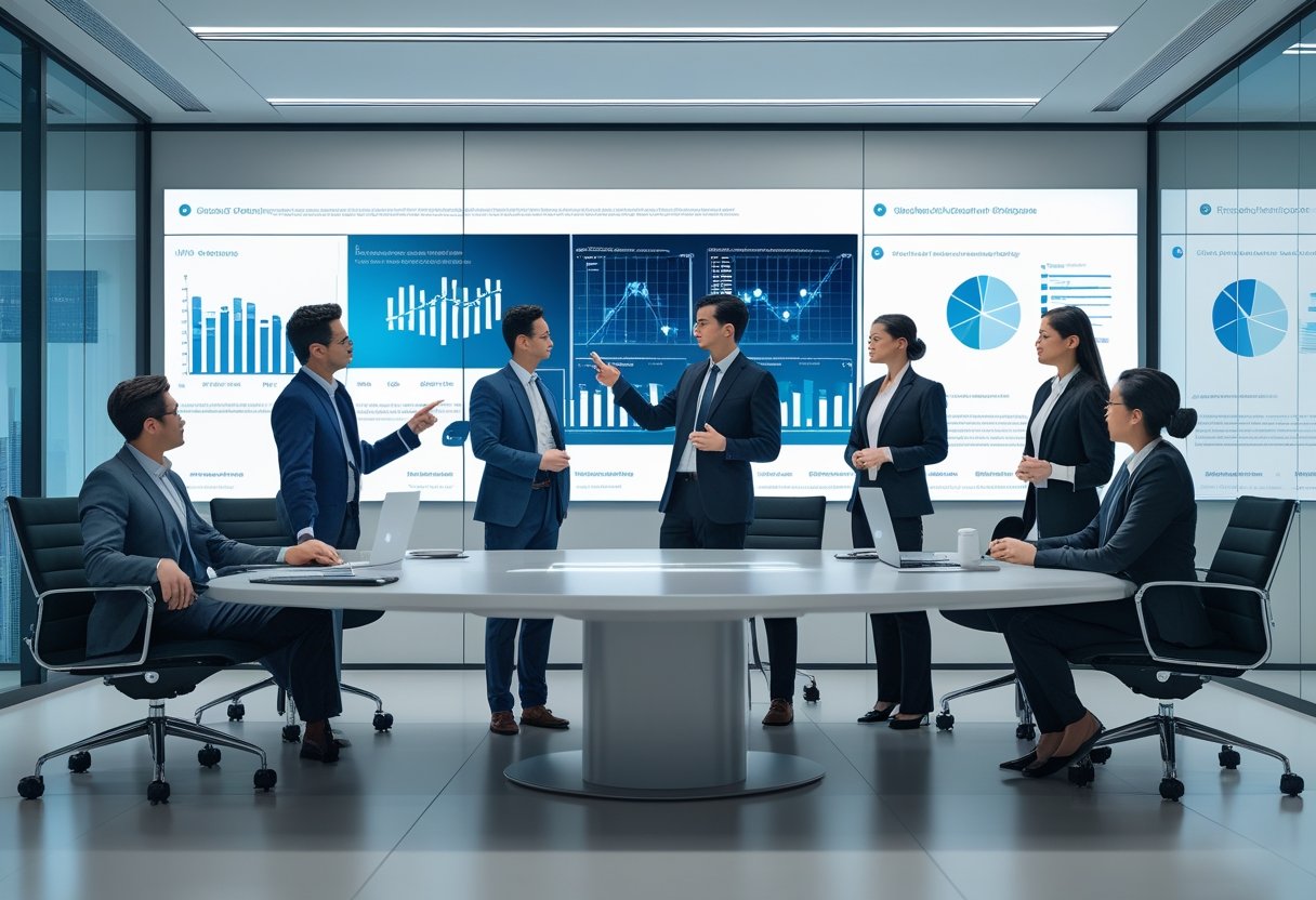 Business professionals collaborating around a conference table with large digital displays showing data in a modern office.