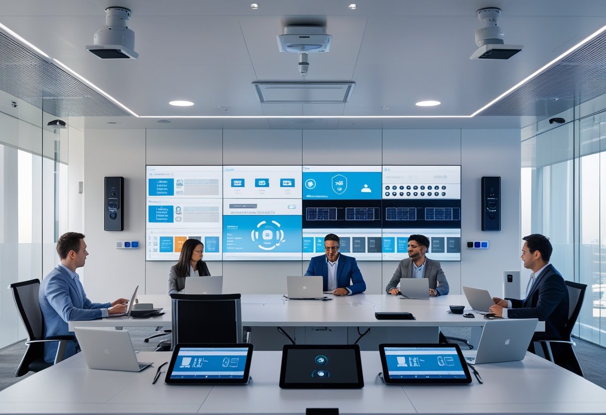 A modern office conference room with professionals using advanced audio-visual and security technology during a meeting.