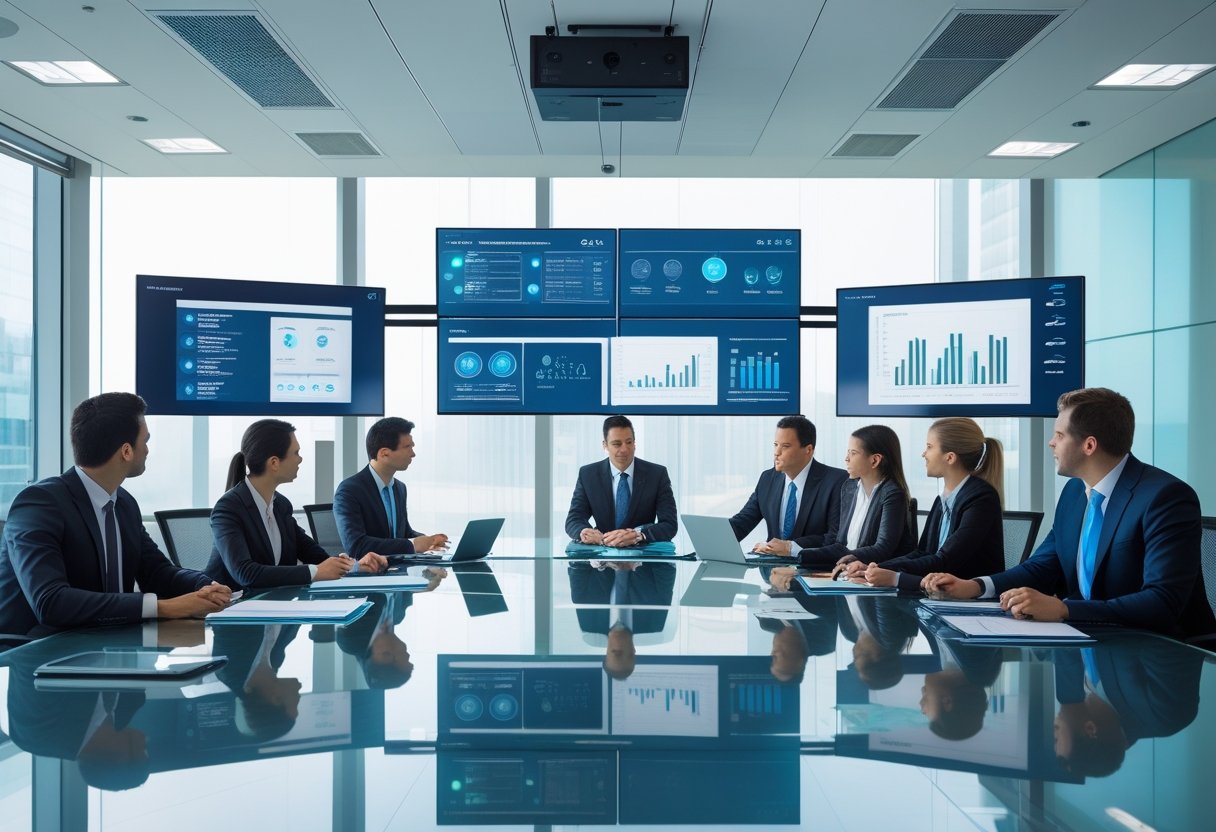 Business professionals in a conference room using a large audiovisual system during a meeting.