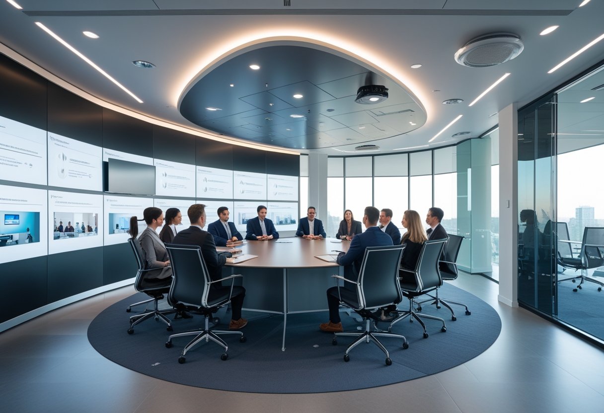 A modern office conference room with advanced audiovisual equipment and business professionals collaborating around a large table.
