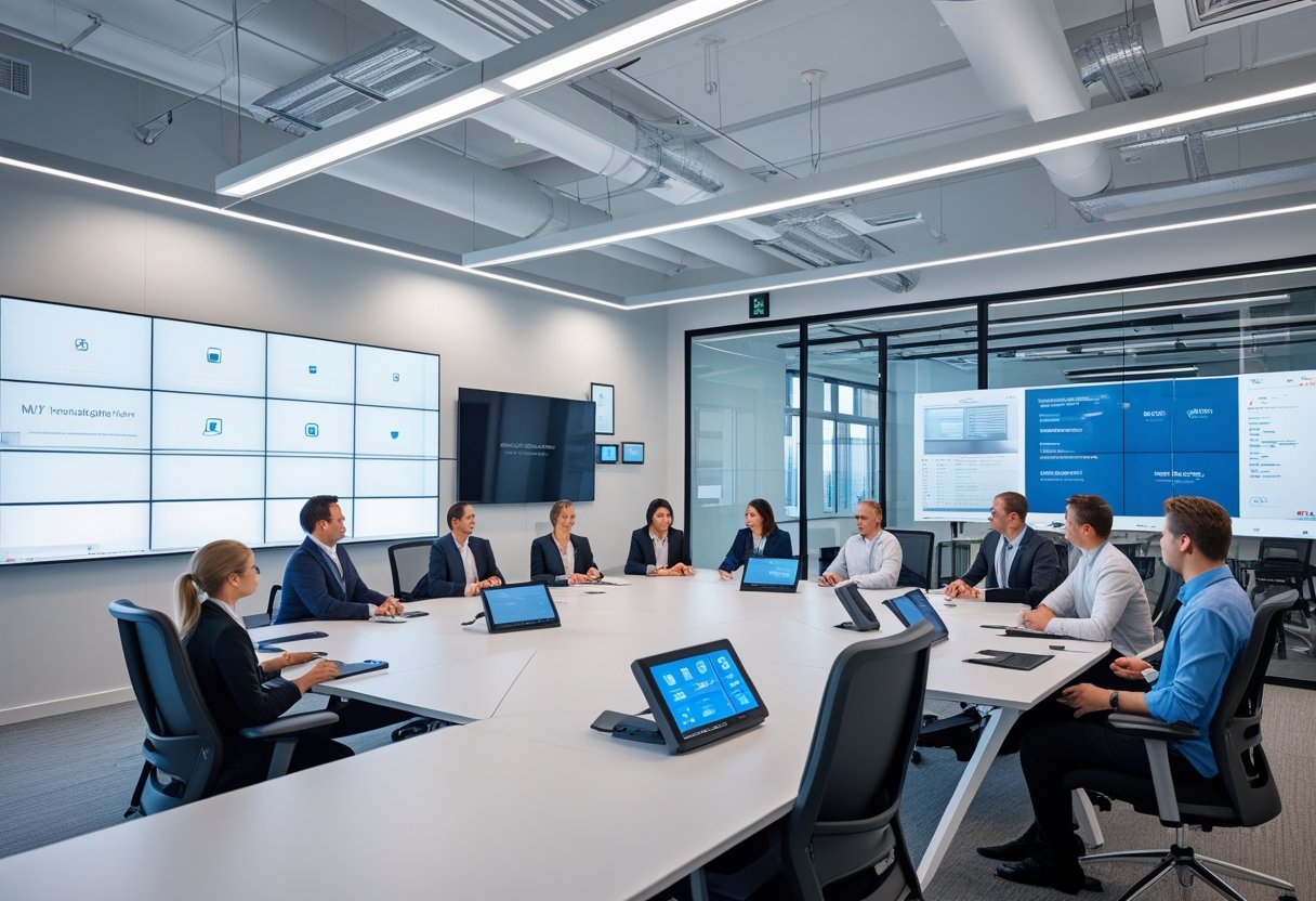 Modern office with professionals using advanced audiovisual equipment and smart technology during a meeting.