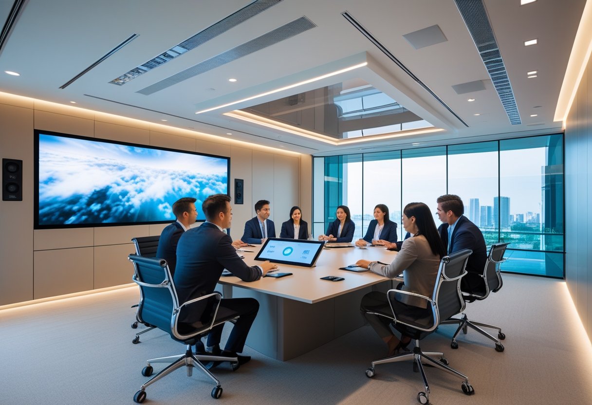 A modern office conference room with a large screen, professional people collaborating using advanced audio visual equipment.