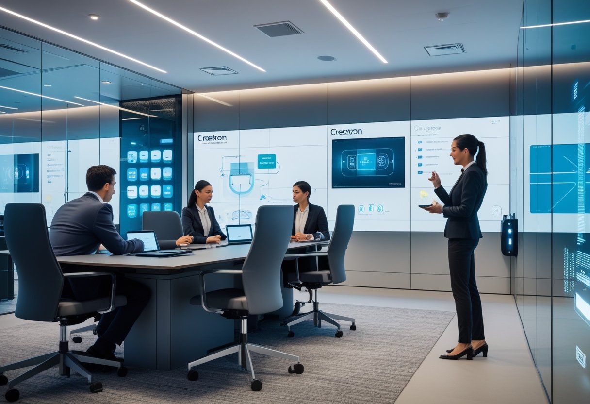 A modern office conference room with professionals using advanced audiovisual technology and interactive displays during a meeting.