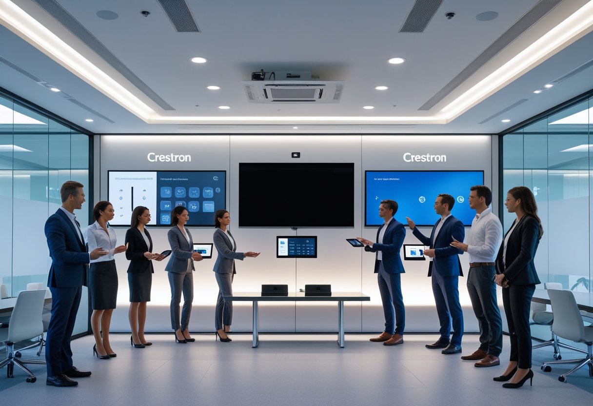 A modern corporate conference room with business professionals using touch panels and tablets to control audio and video equipment.