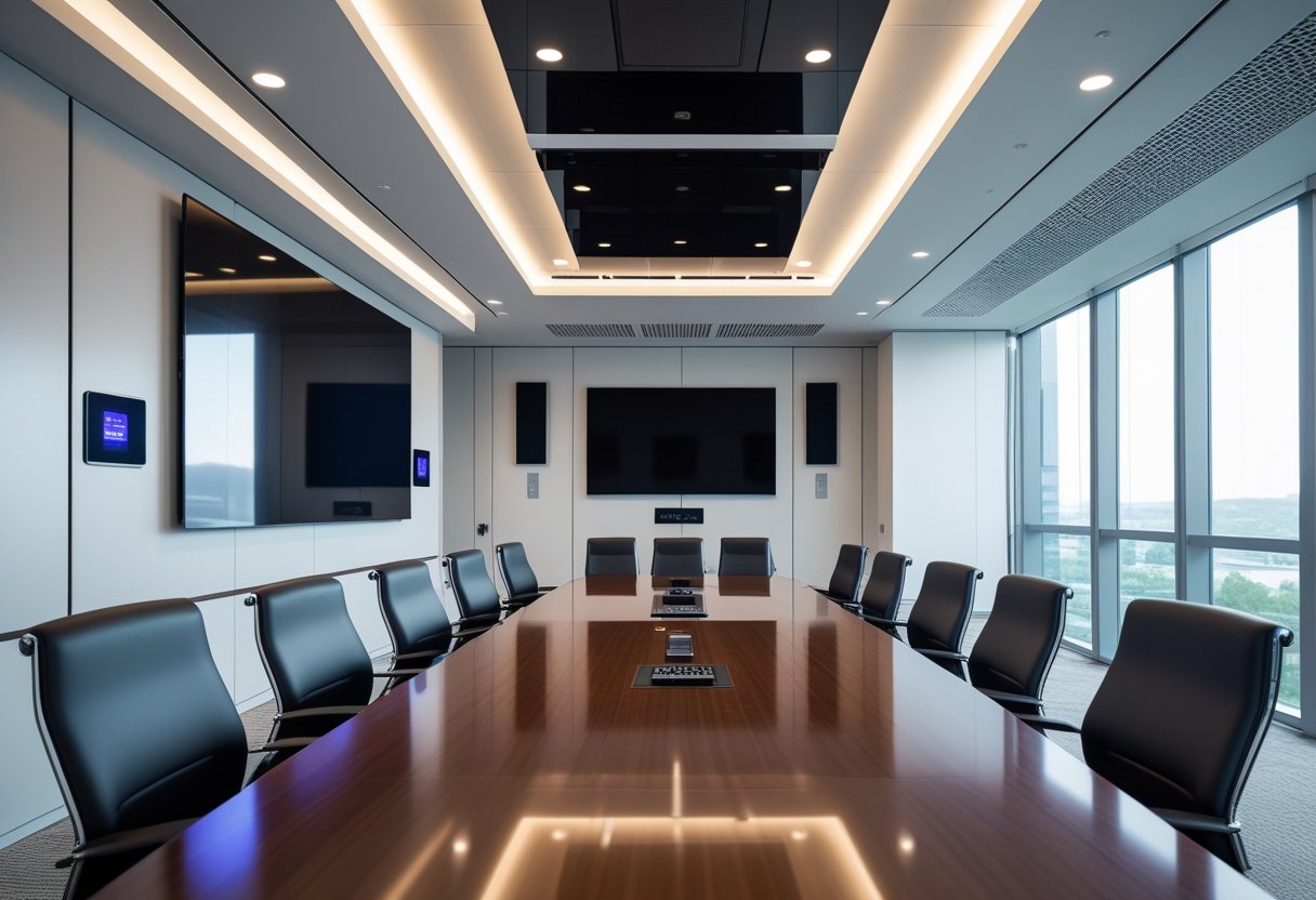 Modern corporate conference room with a large display screen, Crestron control panel, and advanced smart AV equipment integrated into the space.