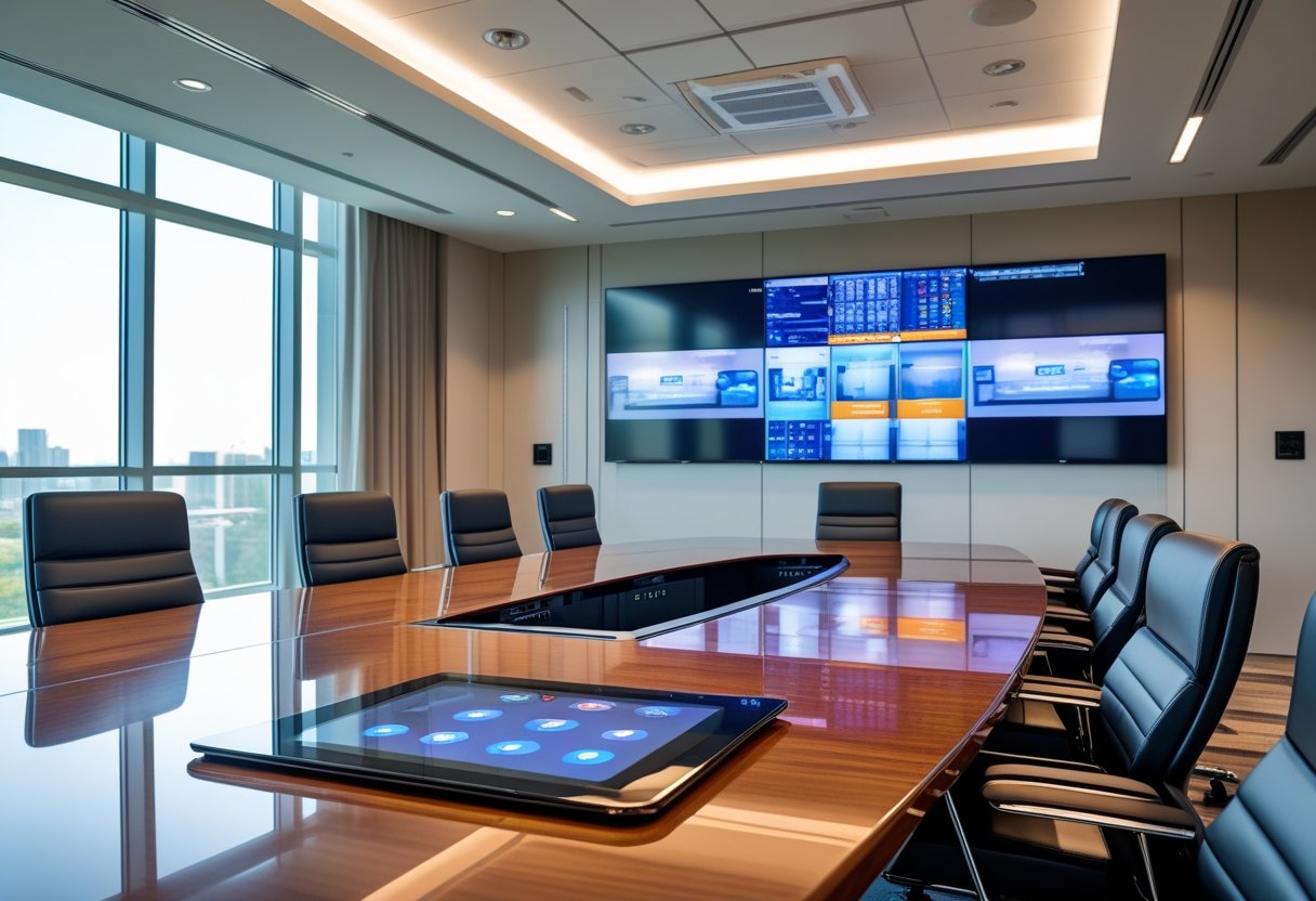 A modern corporate conference room with multiple large displays and a touchscreen control panel on a wooden table.