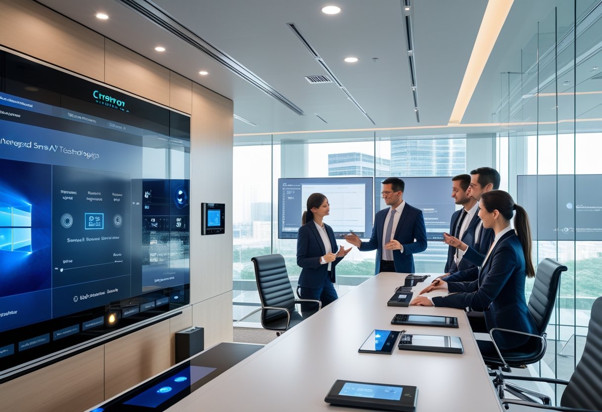 A group of professionals in a modern conference room using advanced audiovisual technology and smart controls during a meeting.