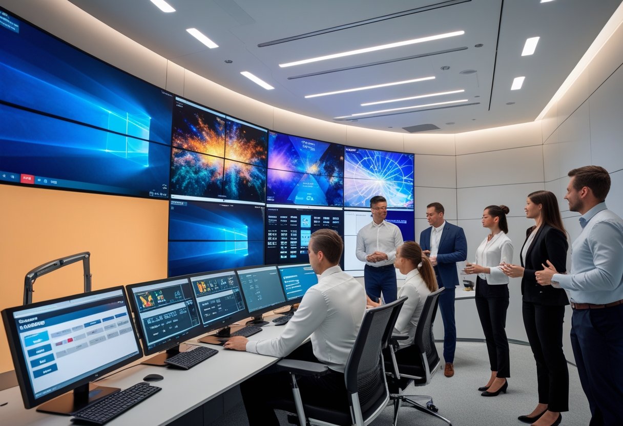 A group of professionals working together in a modern audiovisual control room with multiple large screens and advanced equipment.