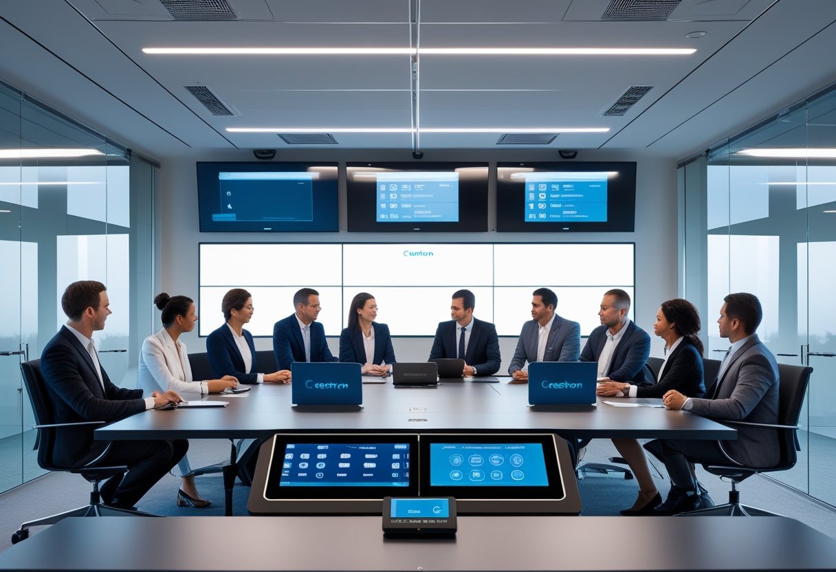 A group of business professionals in a modern conference room using advanced audiovisual control panels and large displays during a meeting.