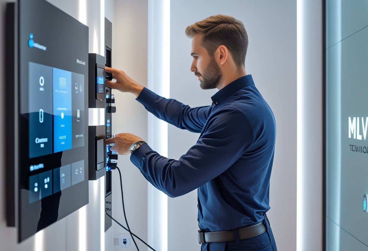 A technician installing a modern audiovisual control system in a clean office environment.