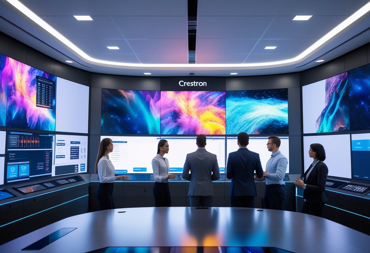 A group of professionals working with advanced audiovisual equipment and large screens in a modern control room.